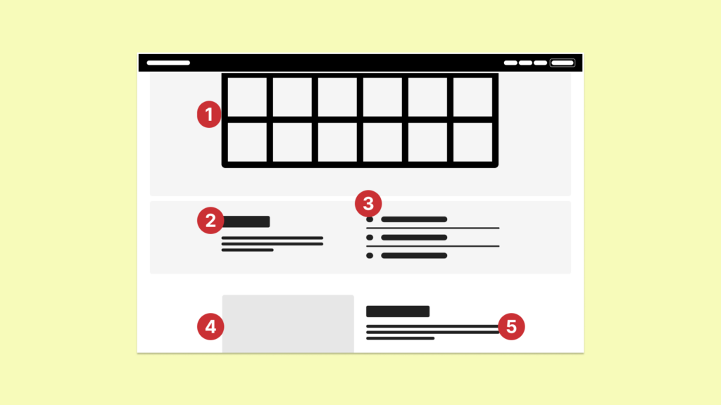 Abstract webpage with numbered callout badges illustrating text, color and image accessibility features matching the list below.